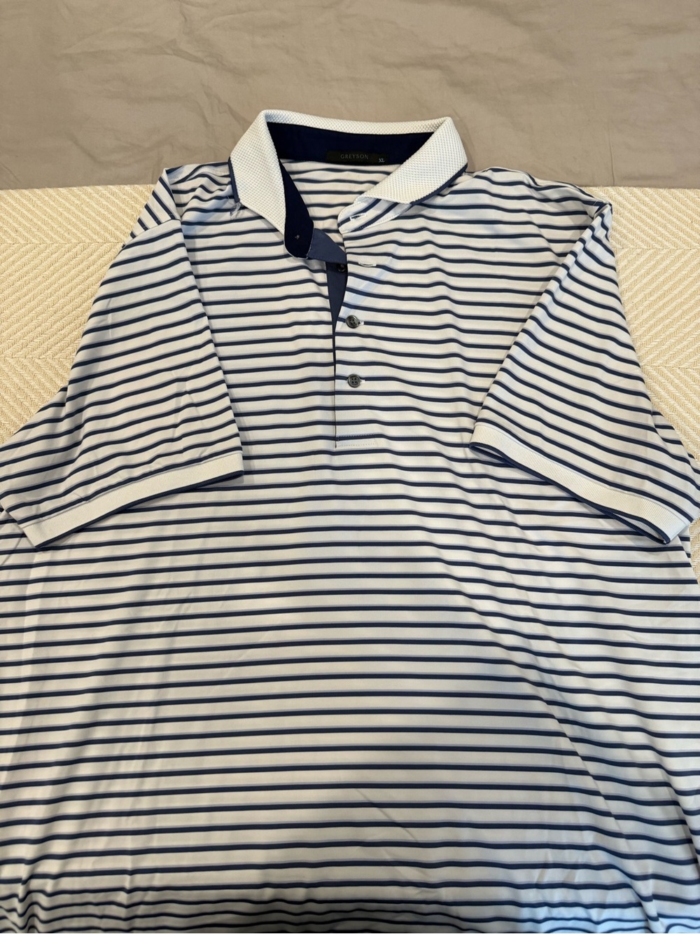 Greyson White Polo with Navy Stripes and Contrast Collar